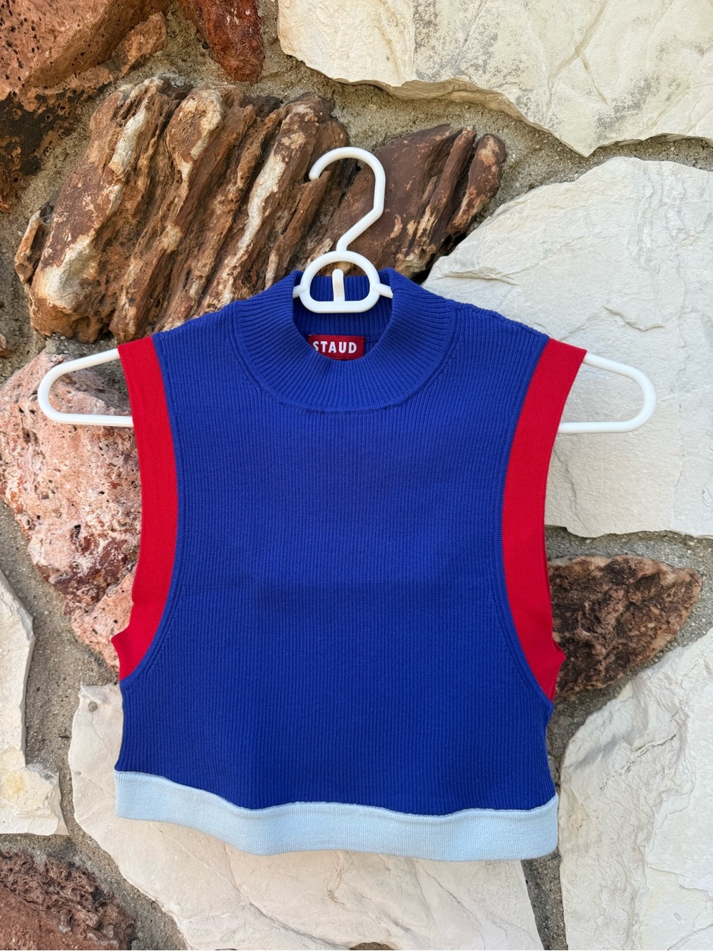STAUD  Blue & Red Ribbed Sleeveless Top